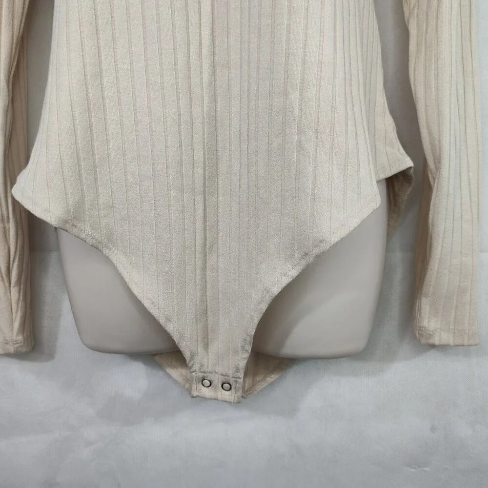 Forever 21 Tan Ribbed Knit Bodysuit Women Size XL Snap Crotch Long Sleeve NEW - Picture 3 of 7